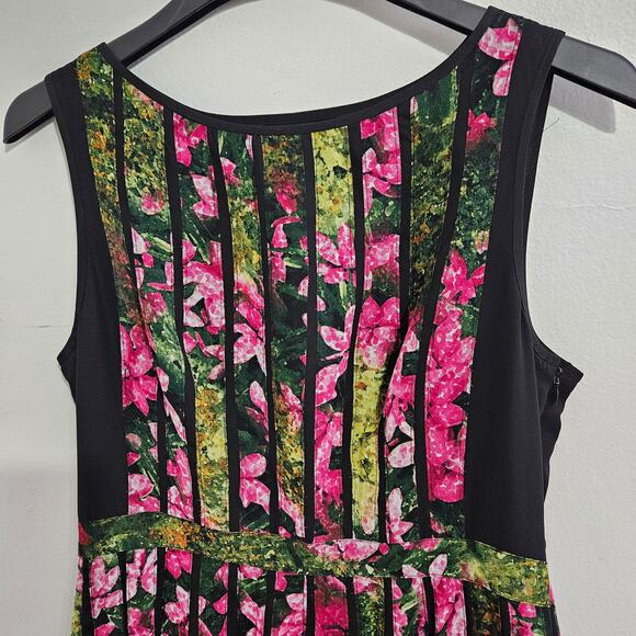 Adrianna Papell Black Striped Floral Pink & Green Fit and Flare Dress. Size 12 - Picture 5 of 9